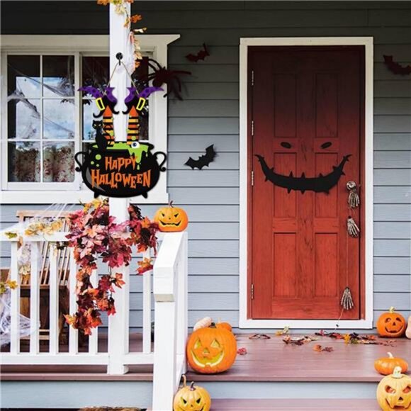 Halloween Witch Door Sign Happy Halloween Wooden Sign Plaque Witch Leg Front - Picture 7 of 8